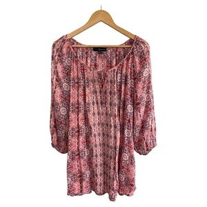 FRED DAVID size 2X pink patterned bohemian peasant blouse tie-neck